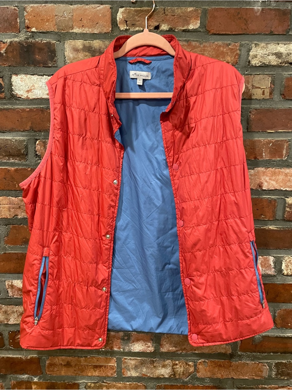 Peter Millar Coral-Red Quilted Vest with Blue Lining